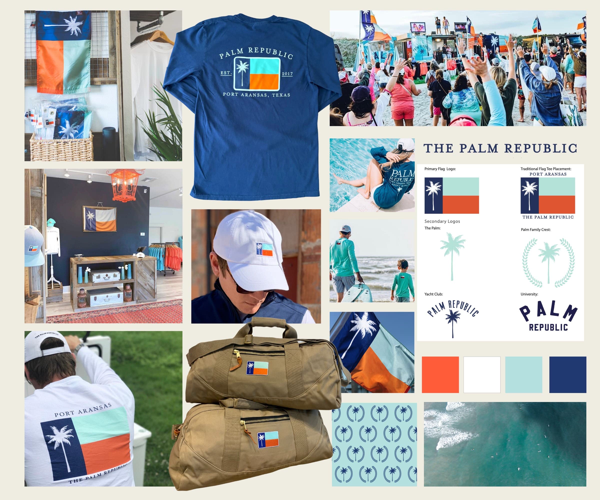 The Palm Republic brand identity translated across the full brand book (primary flag logo, secondary marks, yacht club + university lockups, color palette, pattern), apparel (flag tee, hats, duffels), retail interior, in-store merchandising, and lived community use on the beach and the water