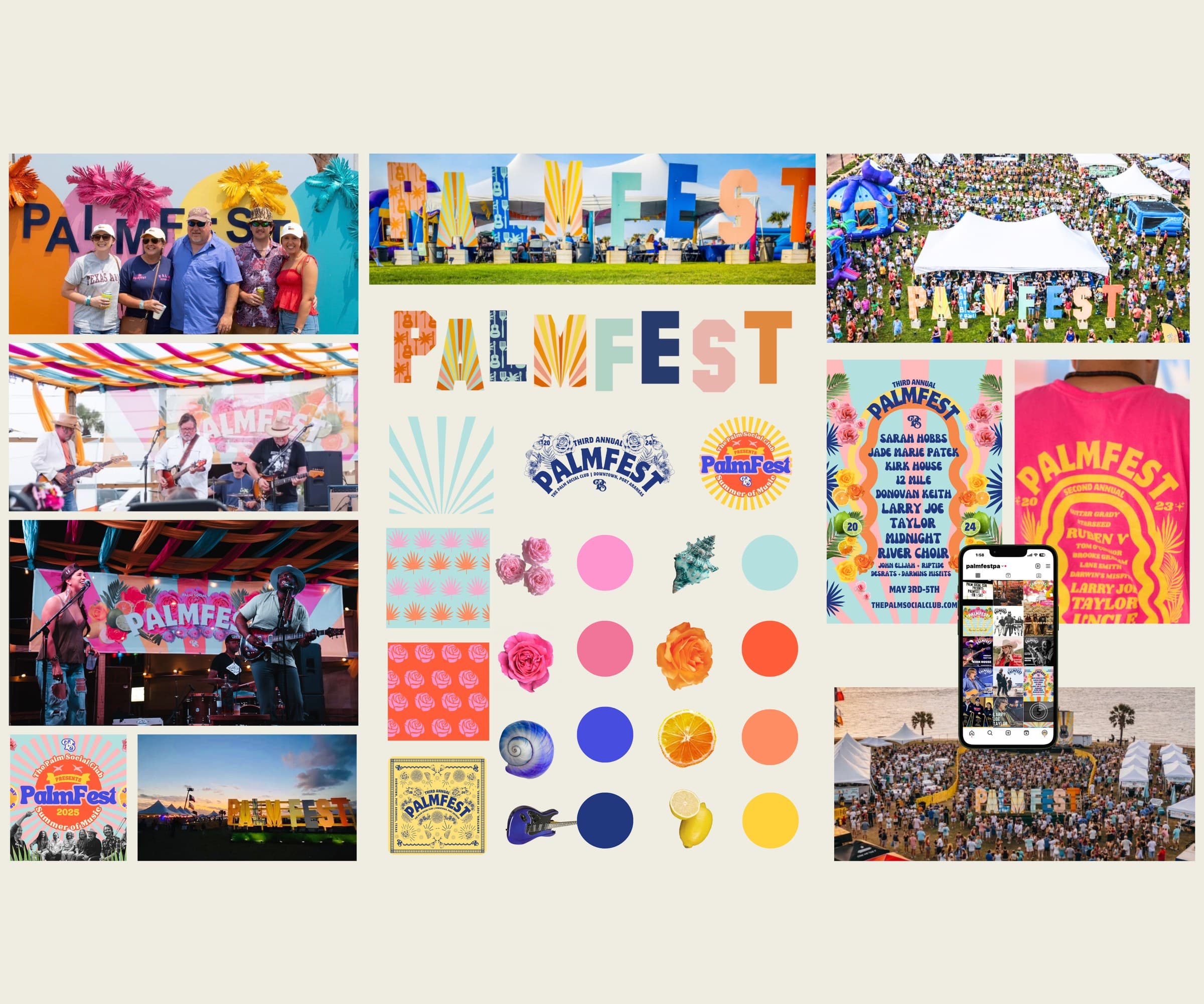 PALMFEST event brand translated across festival signage, crowd-scale activations, performer stages, multi-year poster series, merch, social presence, and beach-side programming