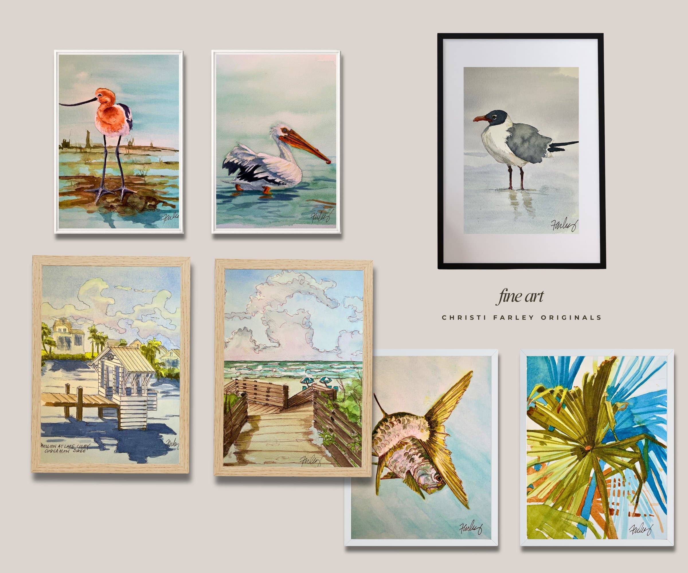 Fine art originals by Christi Farley — coastal watercolor paintings of shorebirds, pelicans, beach scenes, tarpon, and palms.