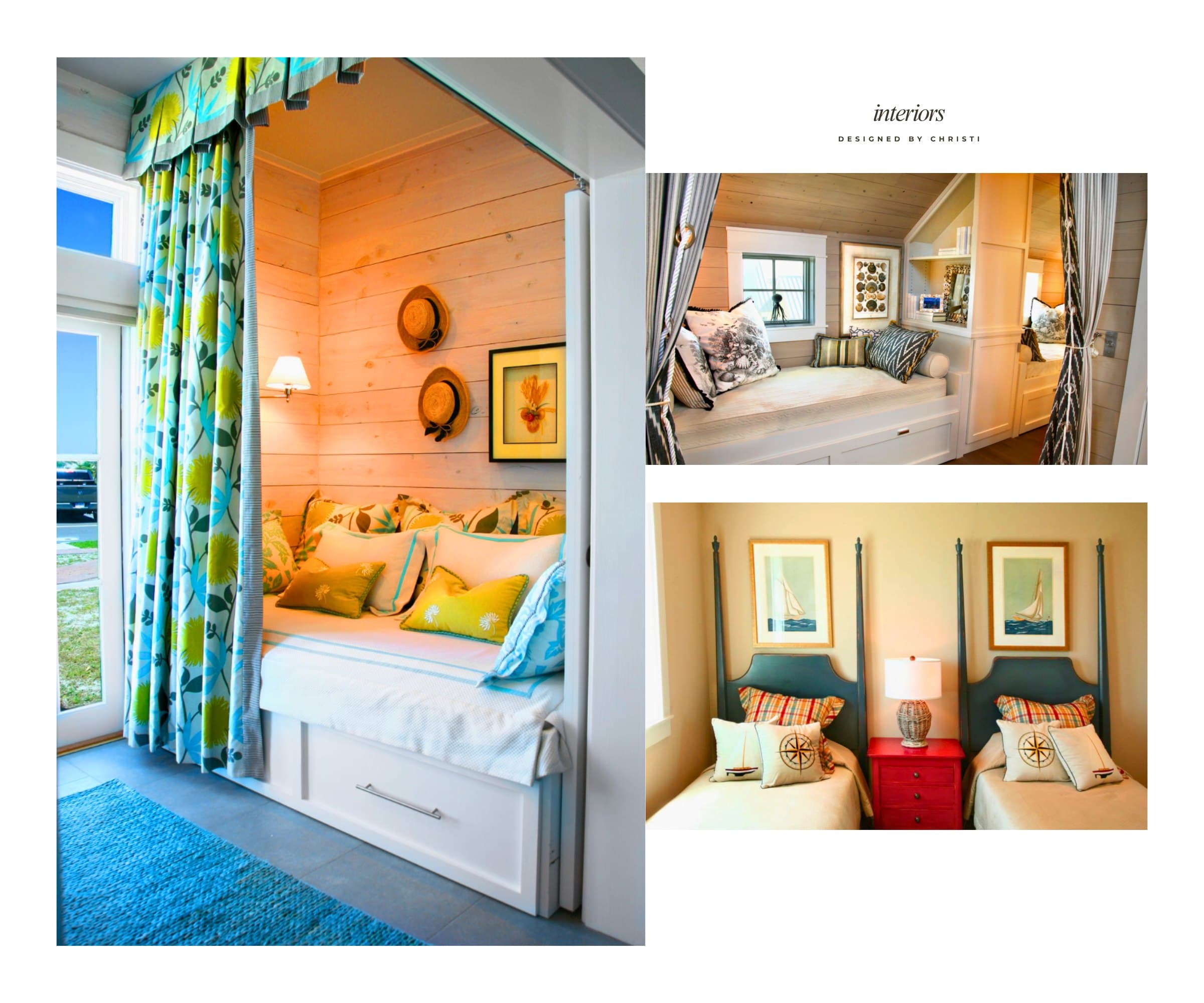 Interiors designed by Christi Farley — coastal Texas interiors with built-in bunk nooks, layered textiles, and curated coastal details.