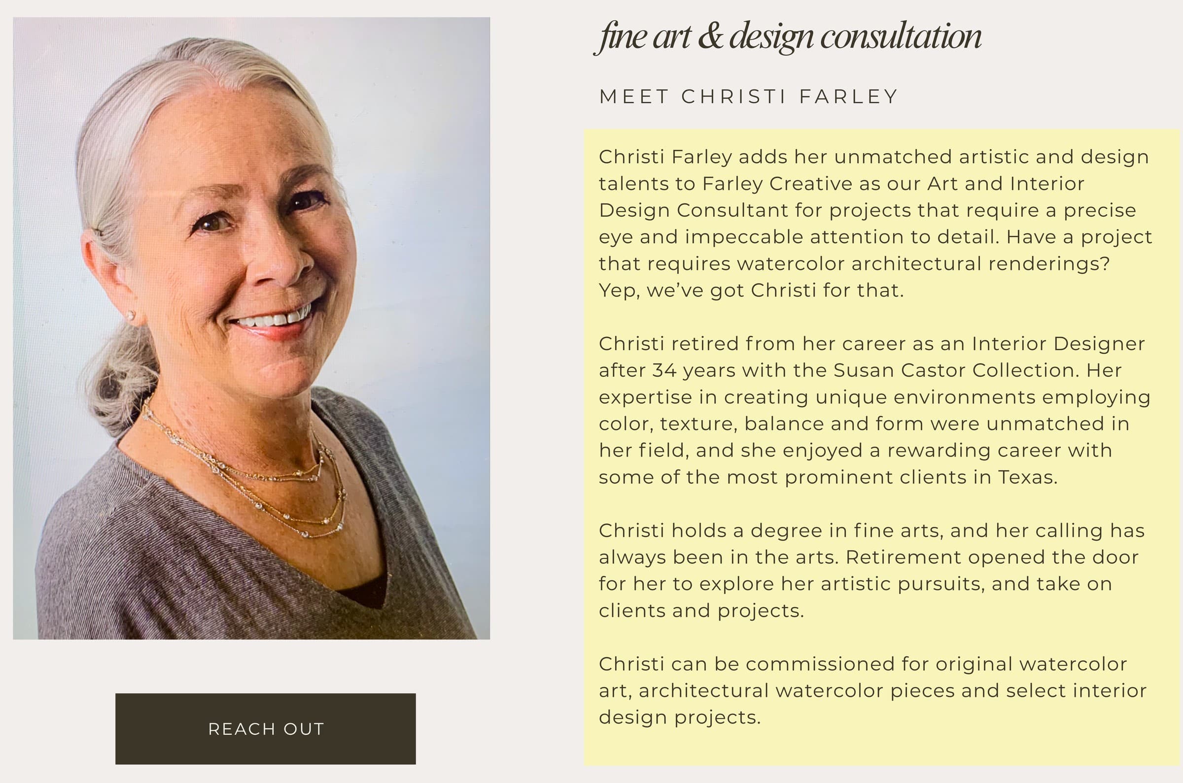 Meet Christi Farley — Art and Interior Design Consultant for Farley Creative. A retired interior designer with 34 years at the Susan Castor Collection and a degree in fine arts, available for commissioned original watercolor art, architectural watercolor renderings, and select interior design projects.