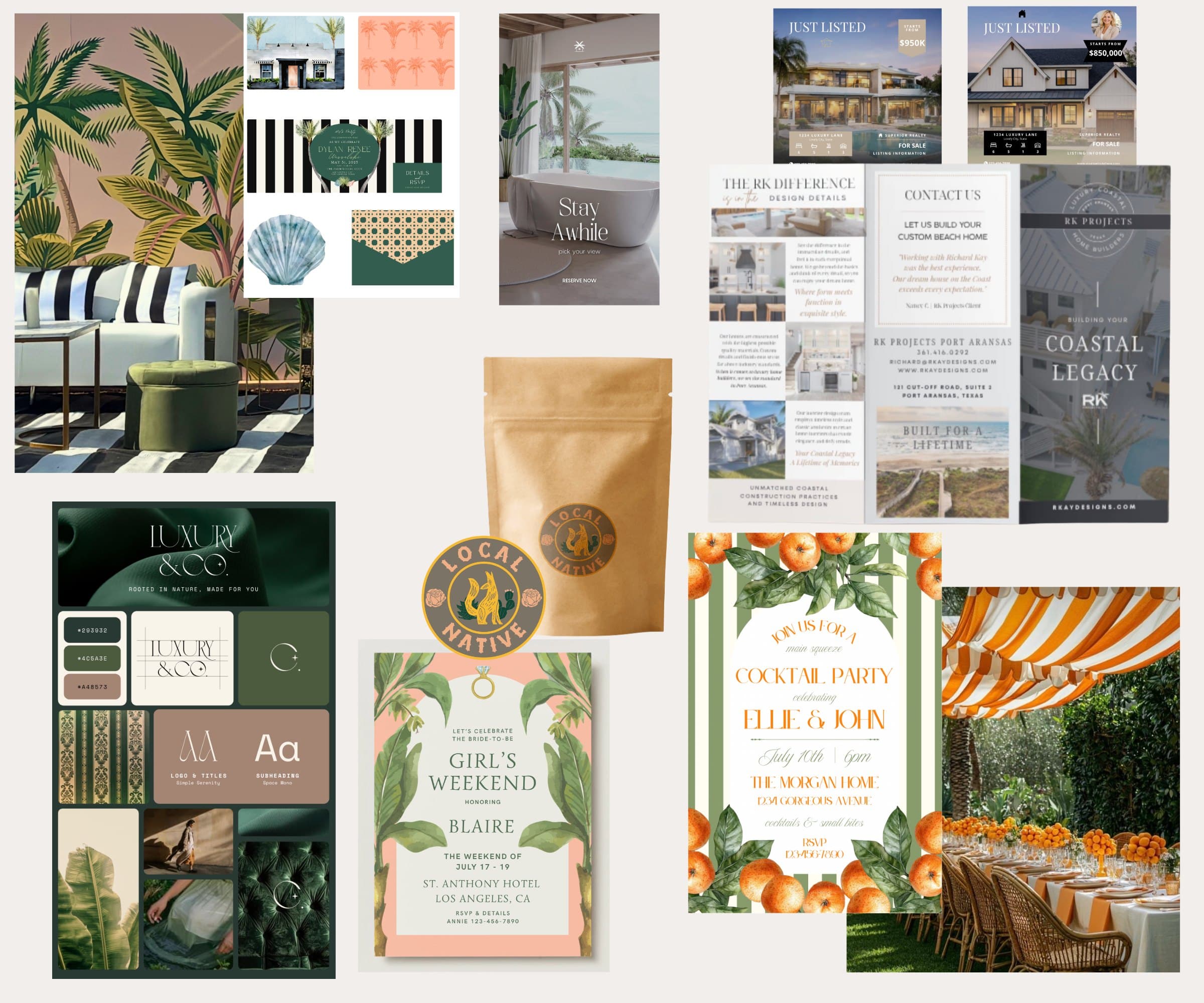 Selected Farley Creative design work — brand moodboards, luxury identity systems, real-estate marketing for RK Projects, product packaging, and event invitation suites.