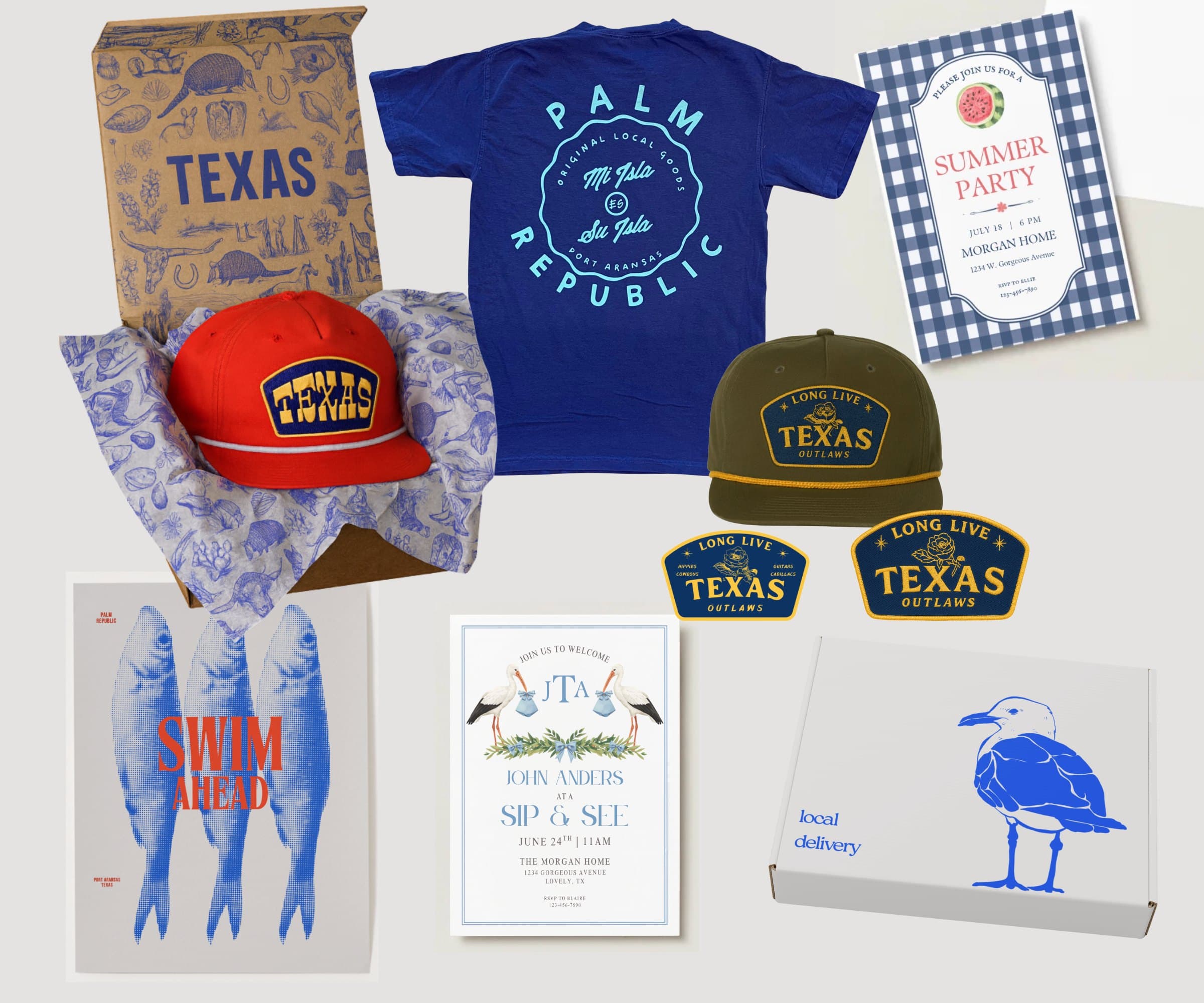 More Farley Creative work — Palm Republic apparel and patches, custom-printed shipping boxes, posters, and invitation designs.