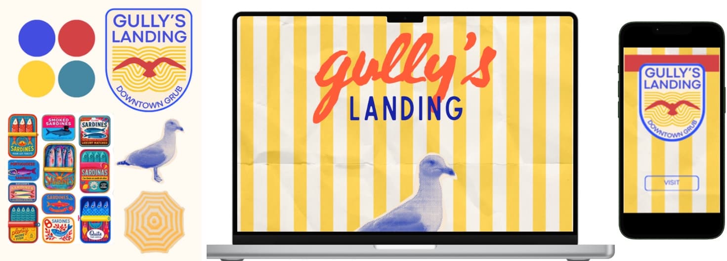 Gully's Landing brand pack, yellow-striped logo lockup, and mobile site
