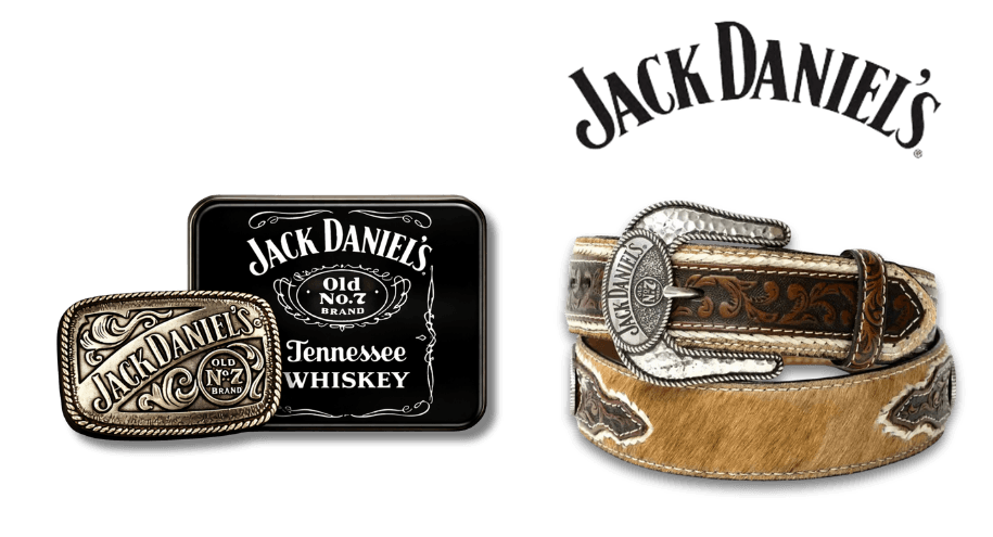 Jack Daniel's branded belt buckle tin, gold buckle, and tooled-leather belt