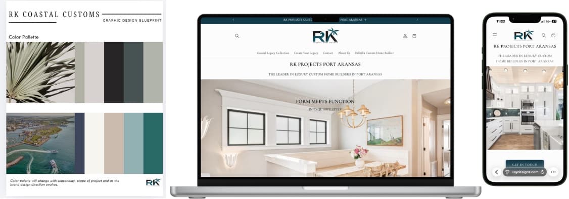 RK Projects brand pack, website with luxury interior, and mobile site