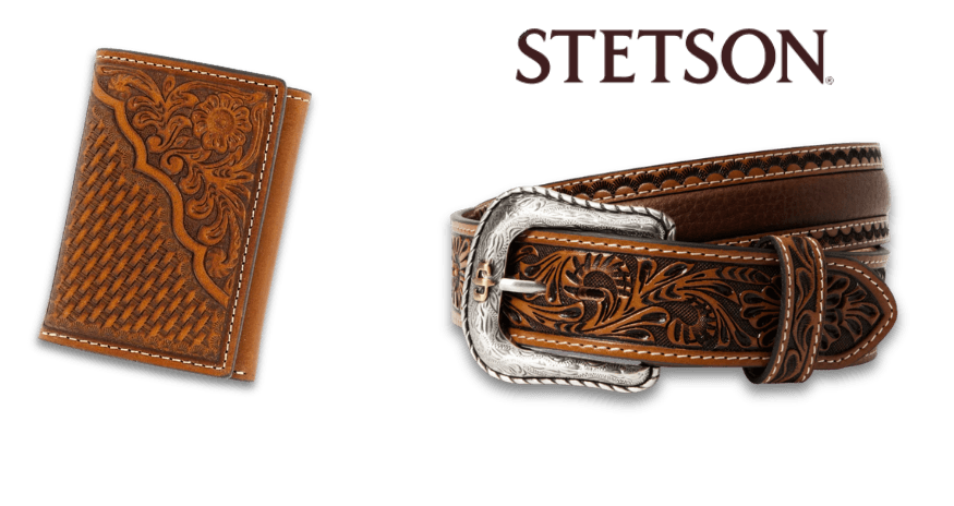 Stetson tooled-leather tri-fold wallet and matching belt with silver buckle