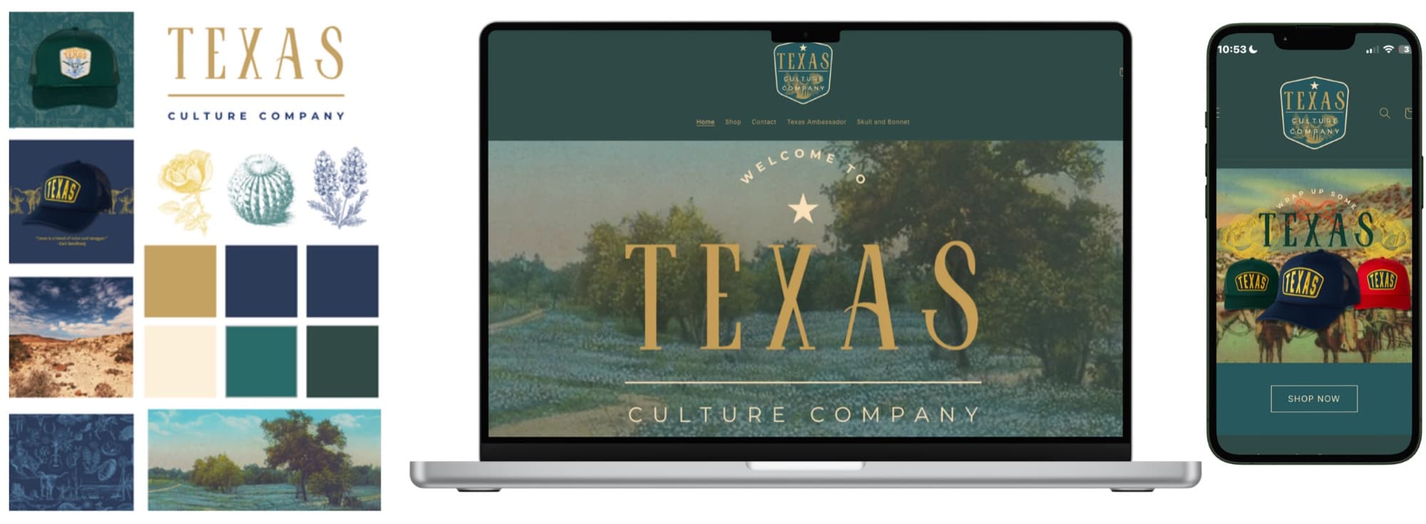 Texas Culture Company brand pack, website hero, and mobile app