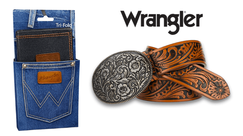Wrangler tri-fold wallet packaging and tooled-leather belt with floral buckle