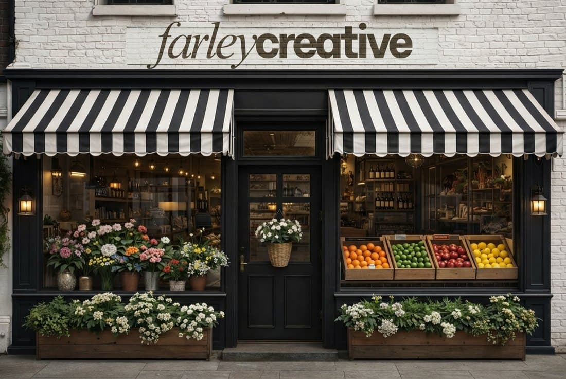 Farley Creative storefront with striped awnings
