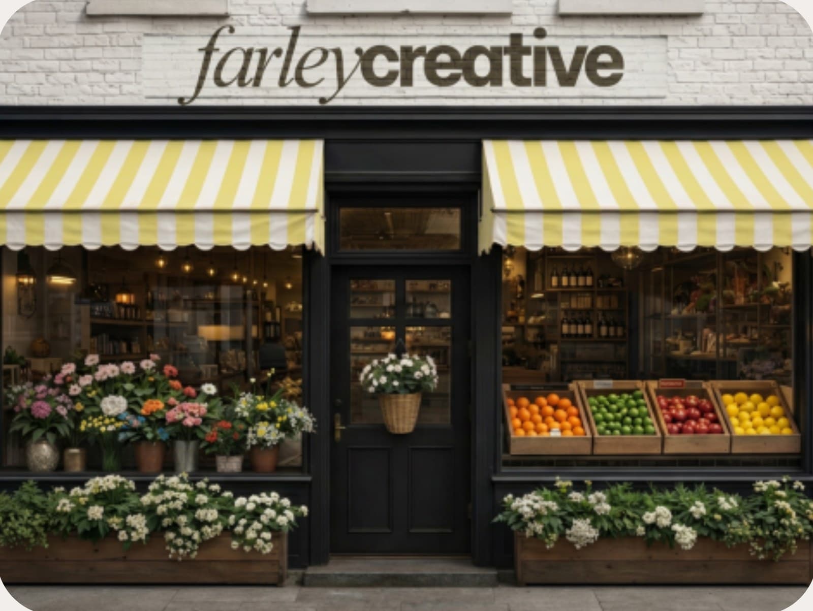 Farley Creative storefront with yellow striped awnings