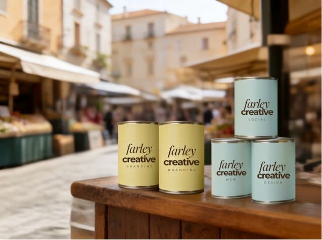 Farley Creative branded service cans on a market table