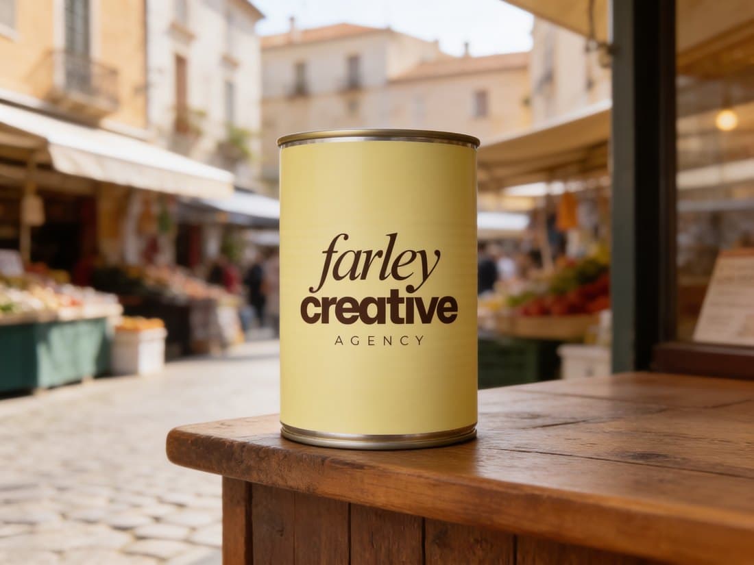 Farley Creative branded can on a market table