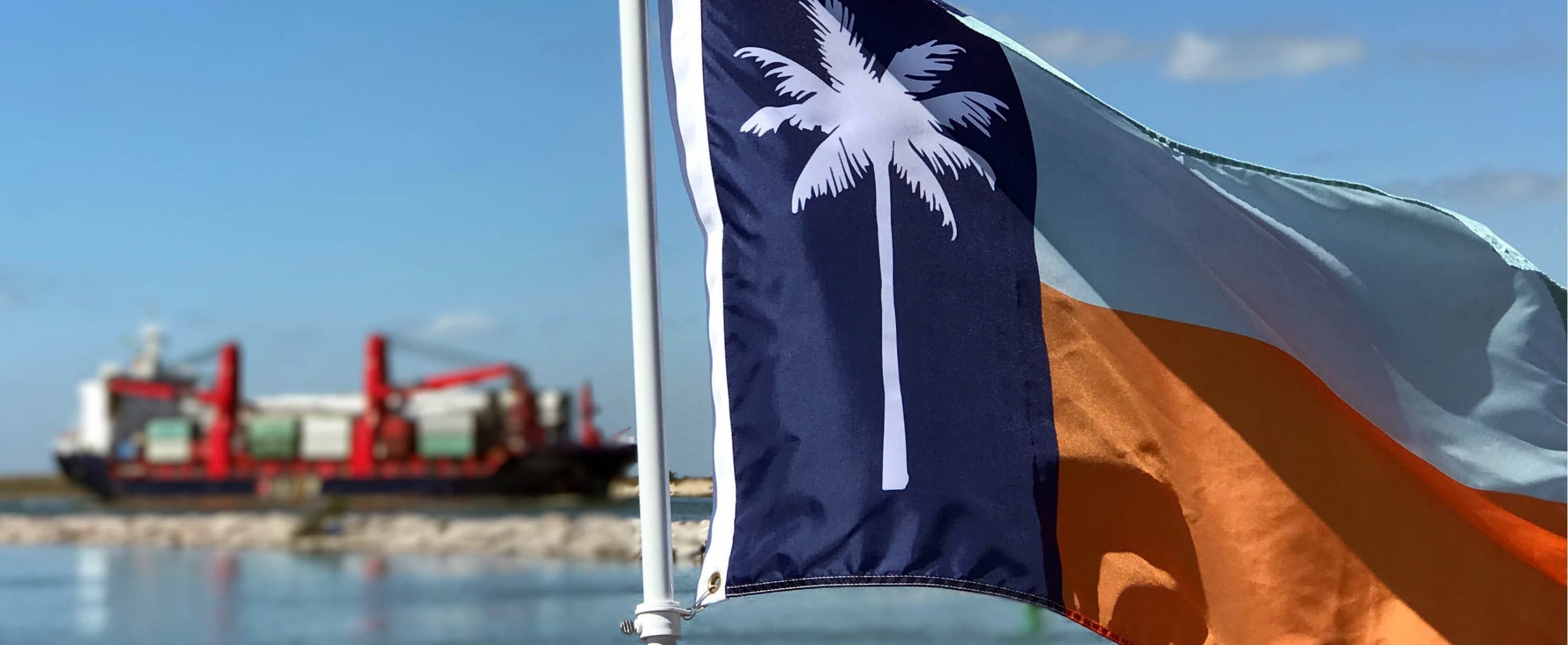 The Palm Republic flag — palm tree on navy, seafoam, and orange flying over Port Aransas harbor with a cargo ship in the background