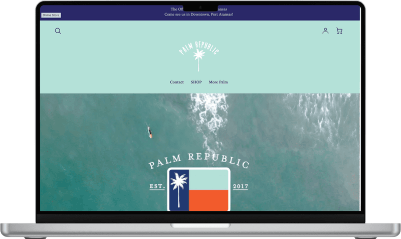 The Palm Republic e-commerce site on a laptop — aerial beach with palm flag logo