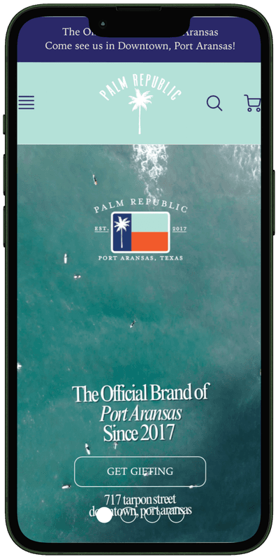 The Palm Republic mobile site — palm-tree aerial with brand flag
