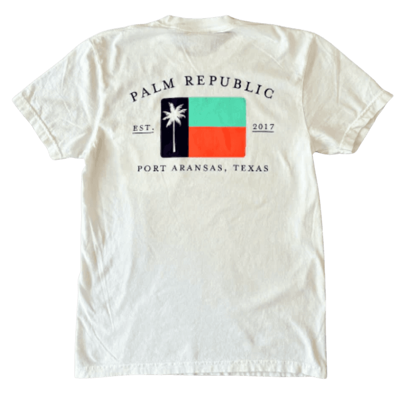 The Palm Republic t-shirt — white tee with palm flag logo