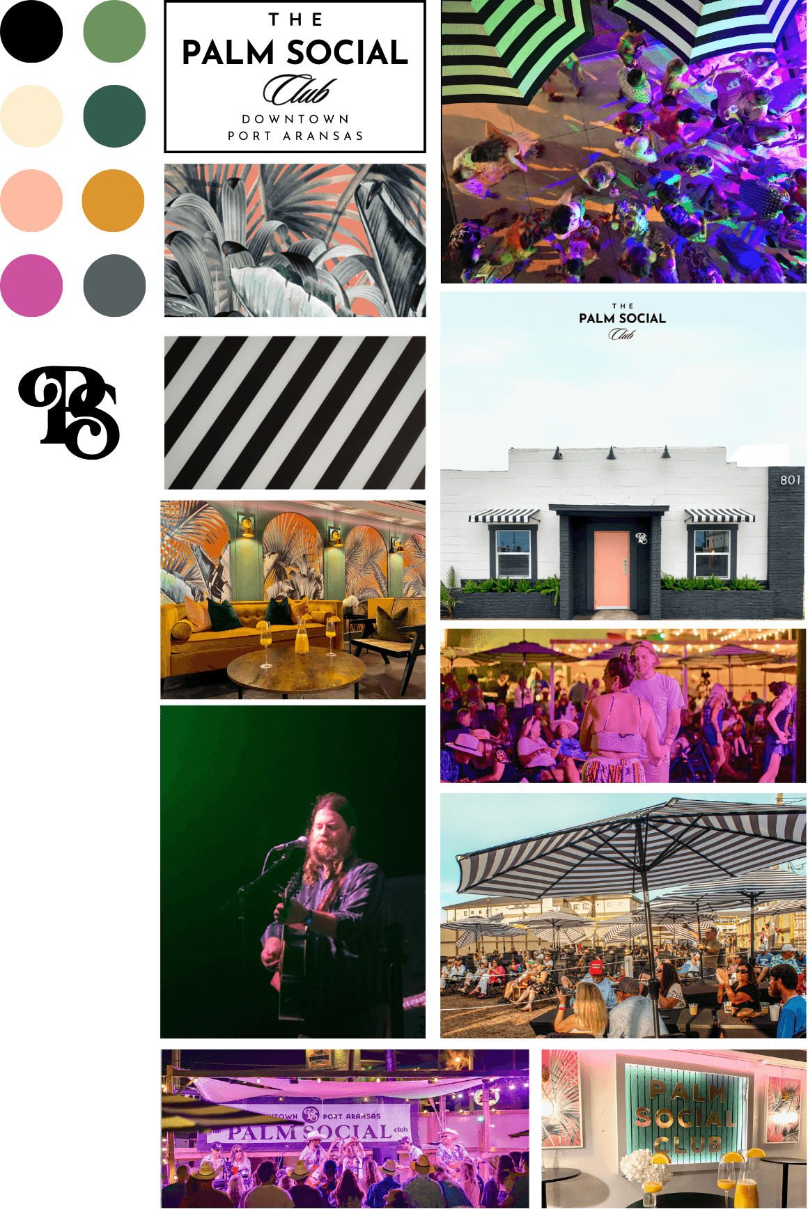 The Palm Social Club brand pack — color palette, signage, venue, live music