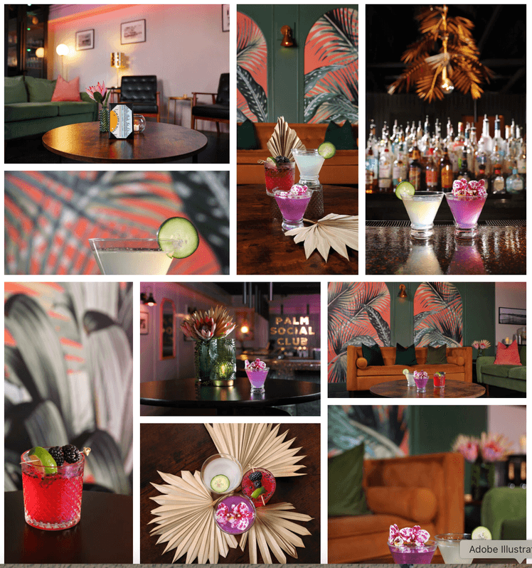 Palm Social Club interior collage — atmosphere, plating, hospitality